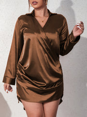 Satin V-Neck Long Sleeve Wrap Midi Dress