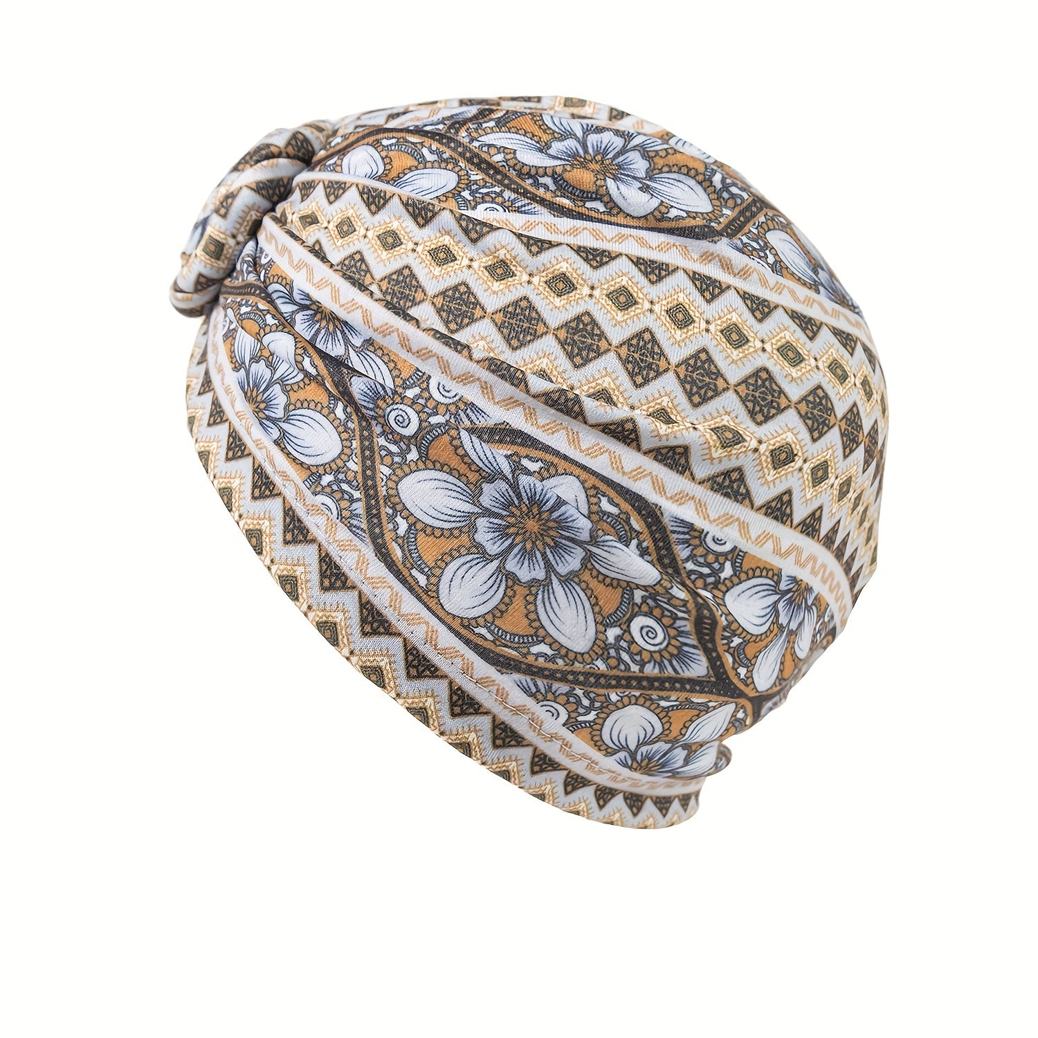 Boho Print Pleated Turban Floral Beanie Pre Tied Front Knot Elastic Head Wrap