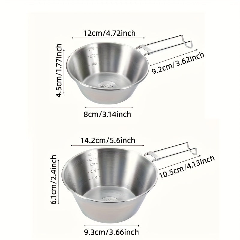 4pcs Stainless Steel Bowls Folding Handle Camping Hiking Picnic Tableware