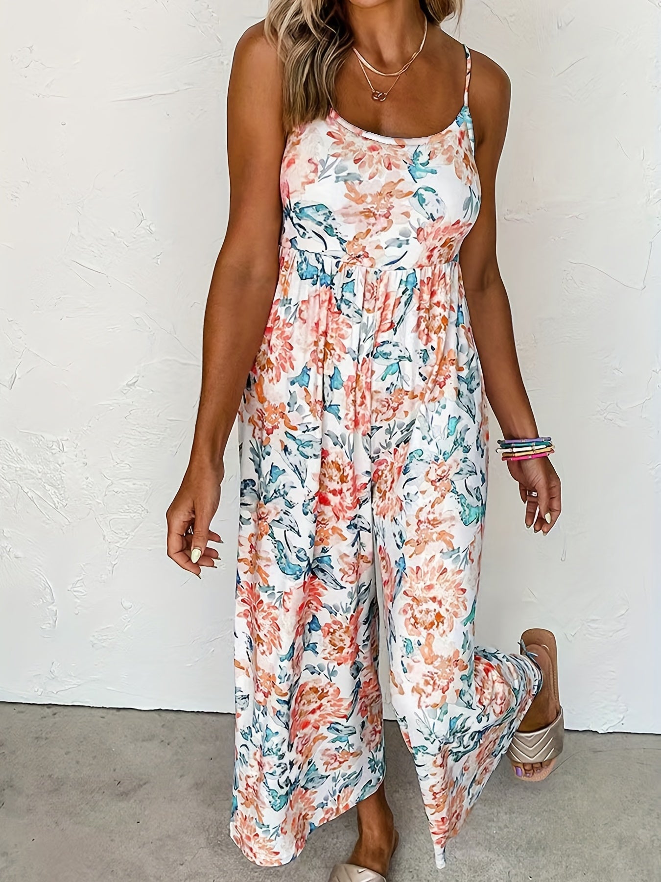 Women's Plus Floral Print Round Neck High Stretch Pleated Cami Jumpsuit