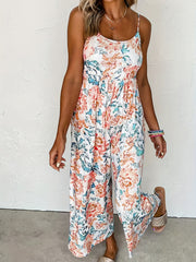 Women's Plus Floral Print Round Neck High Stretch Pleated Cami Jumpsuit