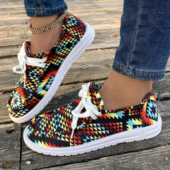 Geometric Pattern Flat Lace Up Loafers Shoes Colorful Non Slip Canvas Sneakers