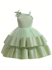 Girls Satin Stitch Tulle Princess Dress with Bow - Special Occasions