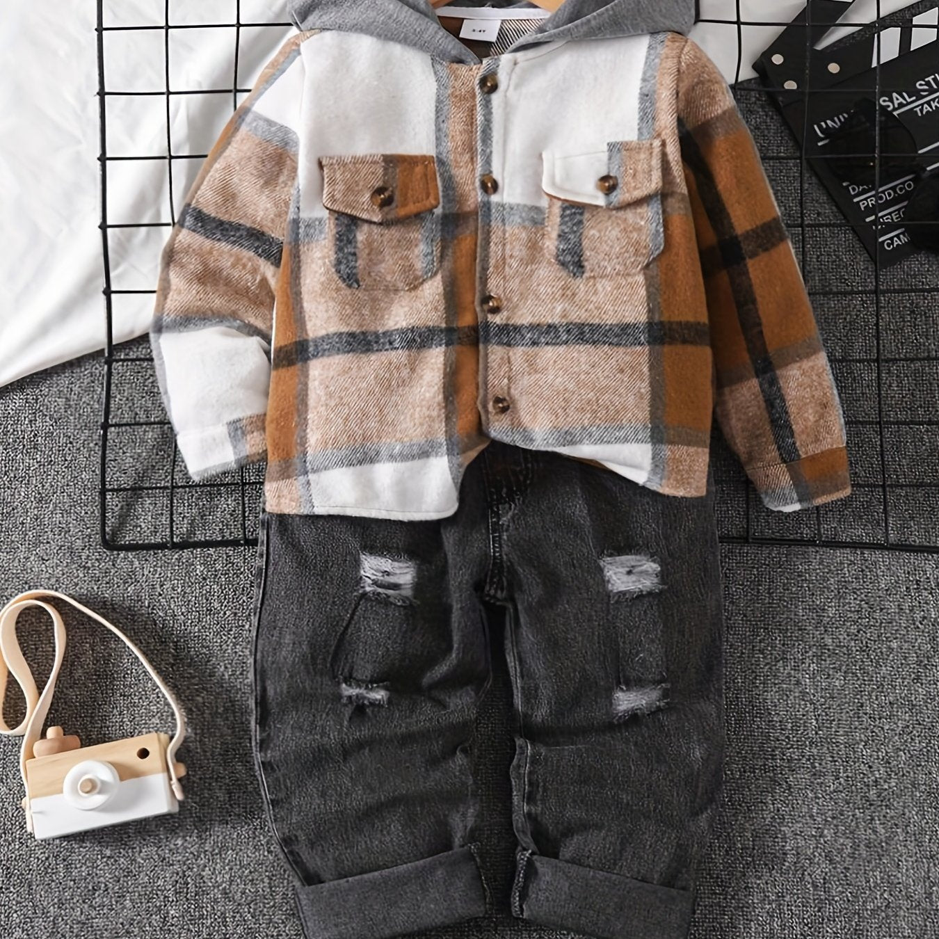 Boys Hooded Button Down Top & Ripped Jeans Set