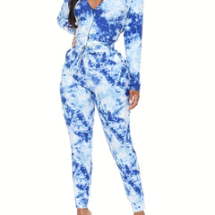 Tie Dye Two Piece Set Zip Up Hooded Sweatshirt & Drawstring Skinny Pants Outfit