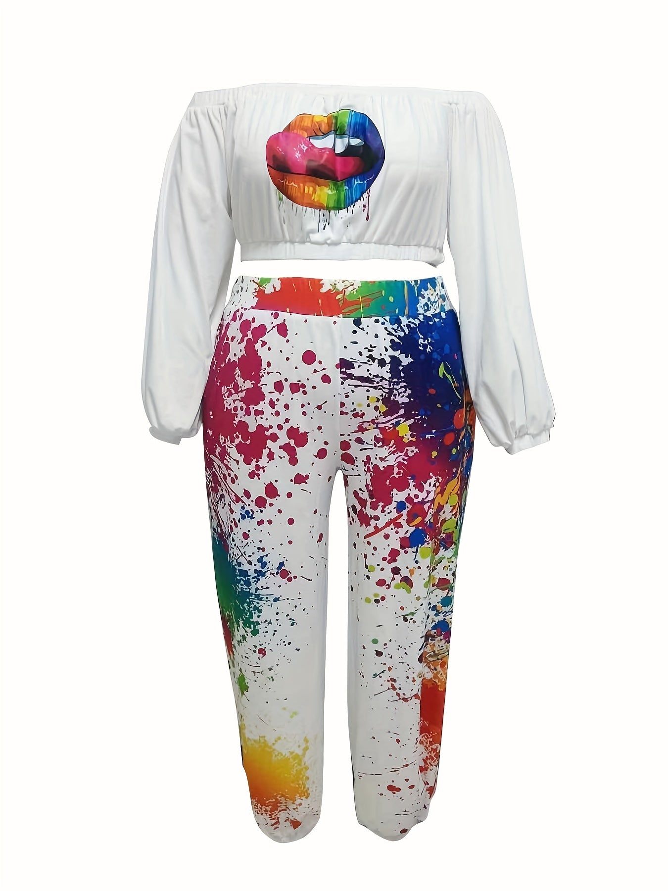Plus Size Lip & Splash Print Off Shoulder 2 Piece Set