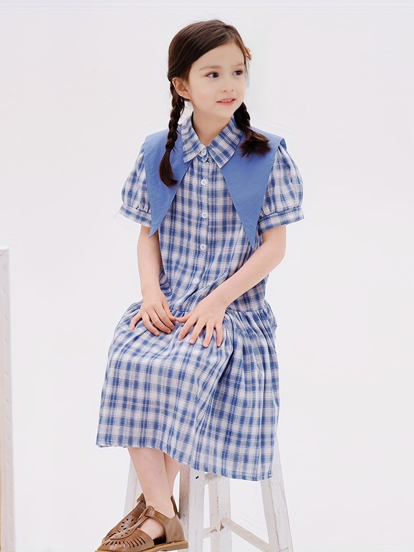 Girl's Cotton Plaid One piece Dress Casual Puff Sleeve Lapel Princess Dress
