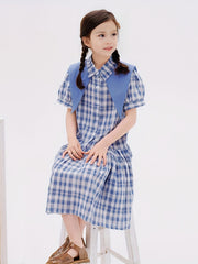 Girl's Cotton Plaid One piece Dress Casual Puff Sleeve Lapel Princess Dress