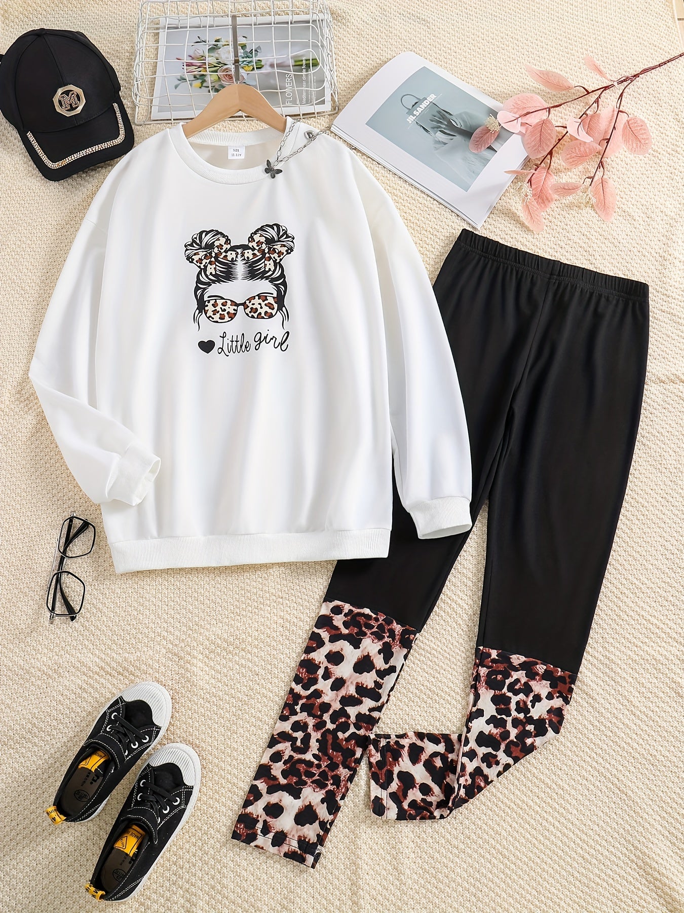 Girls Leopard Print Sweatshirt Top & Leggings Set for Kids
