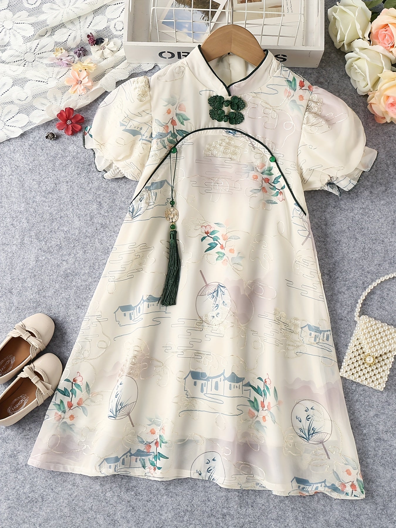 Toddler Girls Puff Sleeve Frill Trim Cheongsam