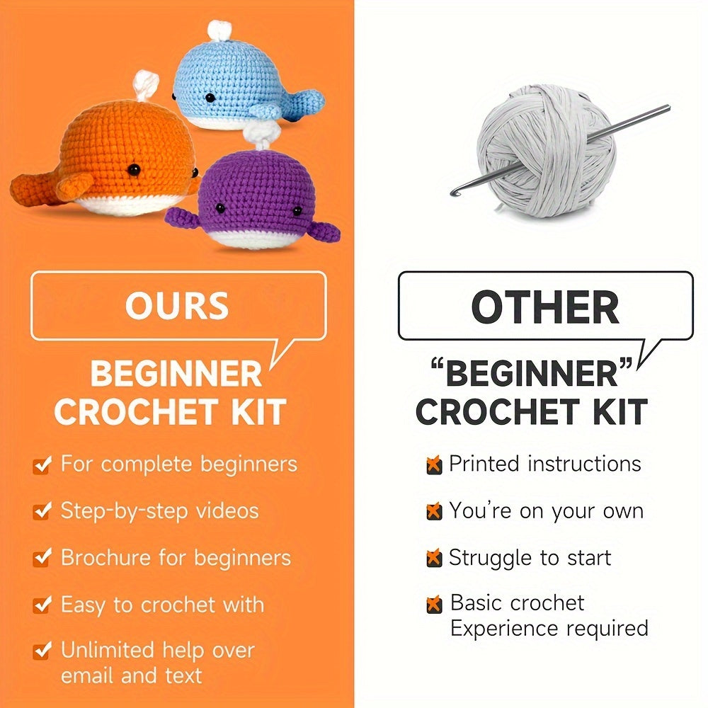 Whales Plush Crochet Kit For Beginners - Knitting Kit With Yarn & Instructions