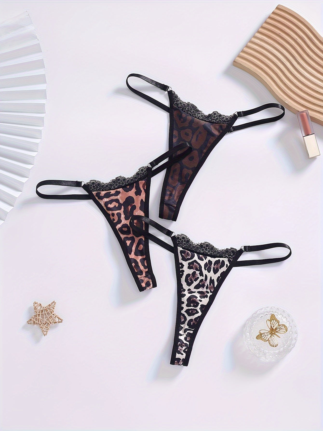 3 Pack Plus Size Sexy Thongs Set Women's Plus Leopard Print Lace G strings