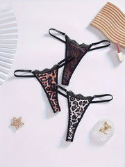 3 Pack Plus Size Sexy Thongs Set Women's Plus Leopard Print Lace G strings