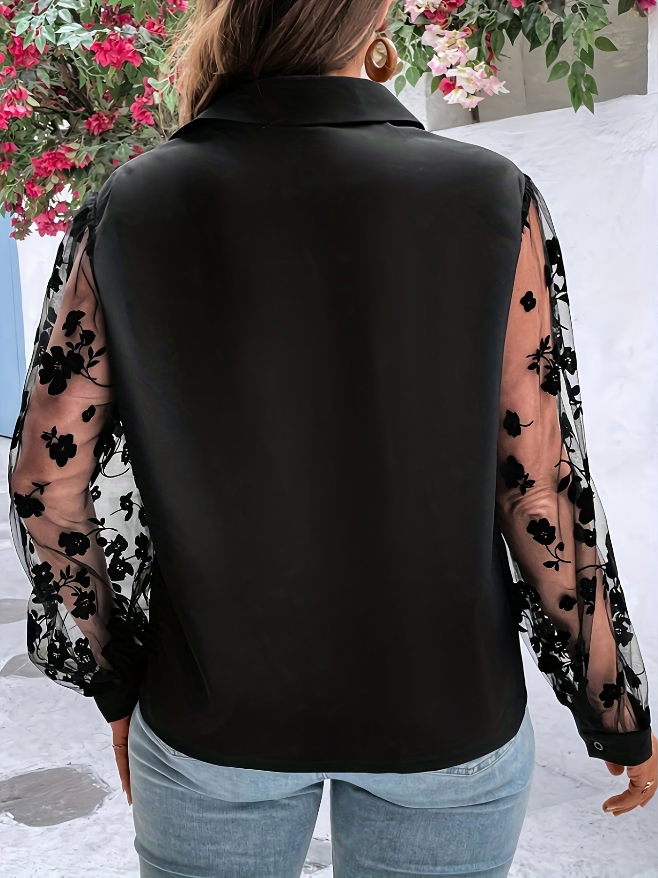 Blouse Women's Plus Solid Contrast Mesh Jacquard Sleeve Button Up