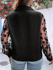 Blouse Women's Plus Solid Contrast Mesh Jacquard Sleeve Button Up