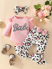 3pcs Baby Girls Letter Print Onesie Romper & Leopard Print Pants Set