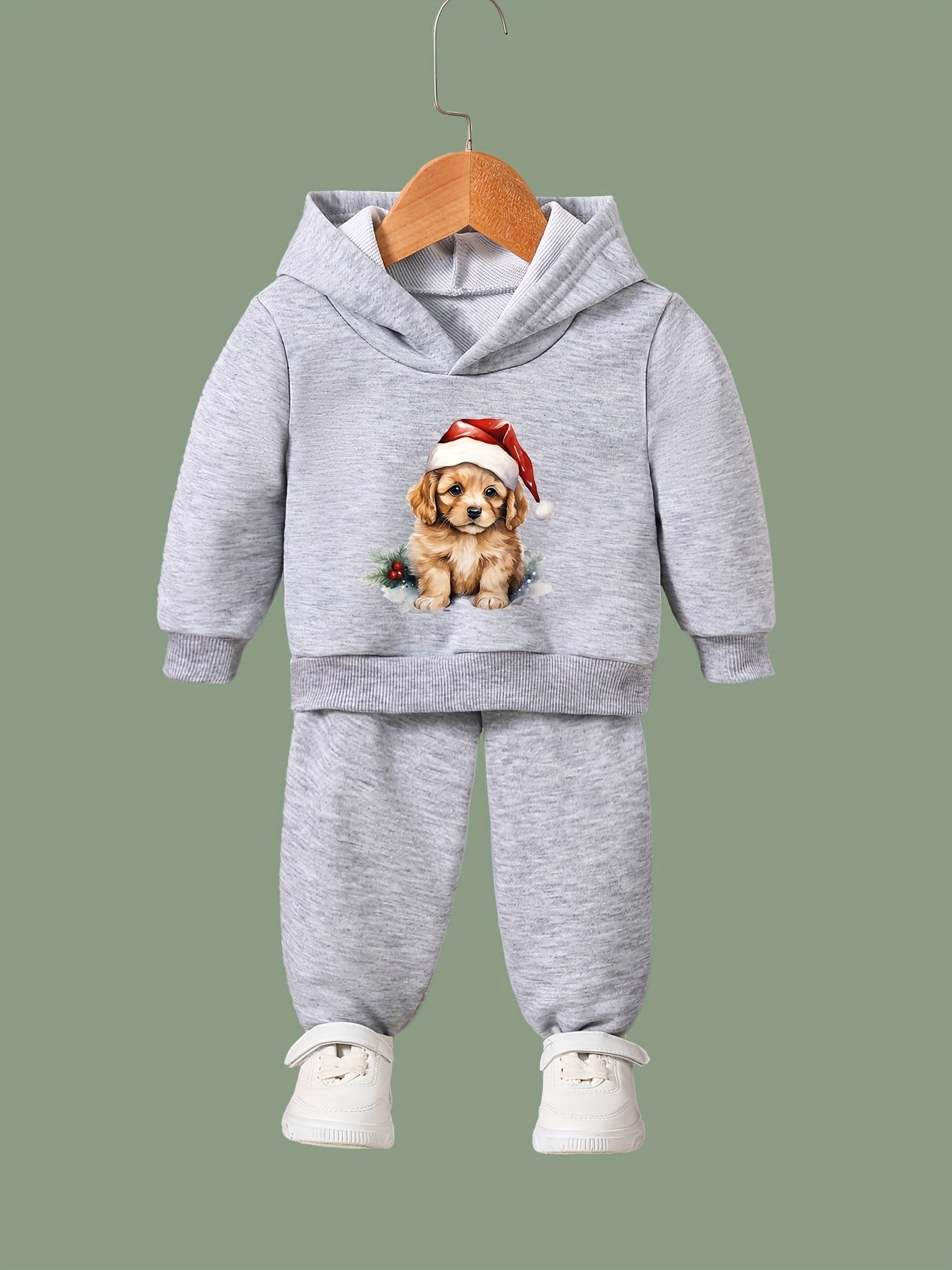 Girls Dog Santa Hat Pattern Hooded Sweatshirt Sweatpants Set