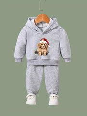 Girls Dog Santa Hat Pattern Hooded Sweatshirt Sweatpants Set