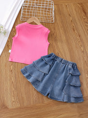 Girls Sleeveless Denim Vest Top and Cake Skort Set