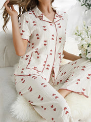 Heart Print Pajama Set Short Sleeve Top & Pants Women's Sleepwear