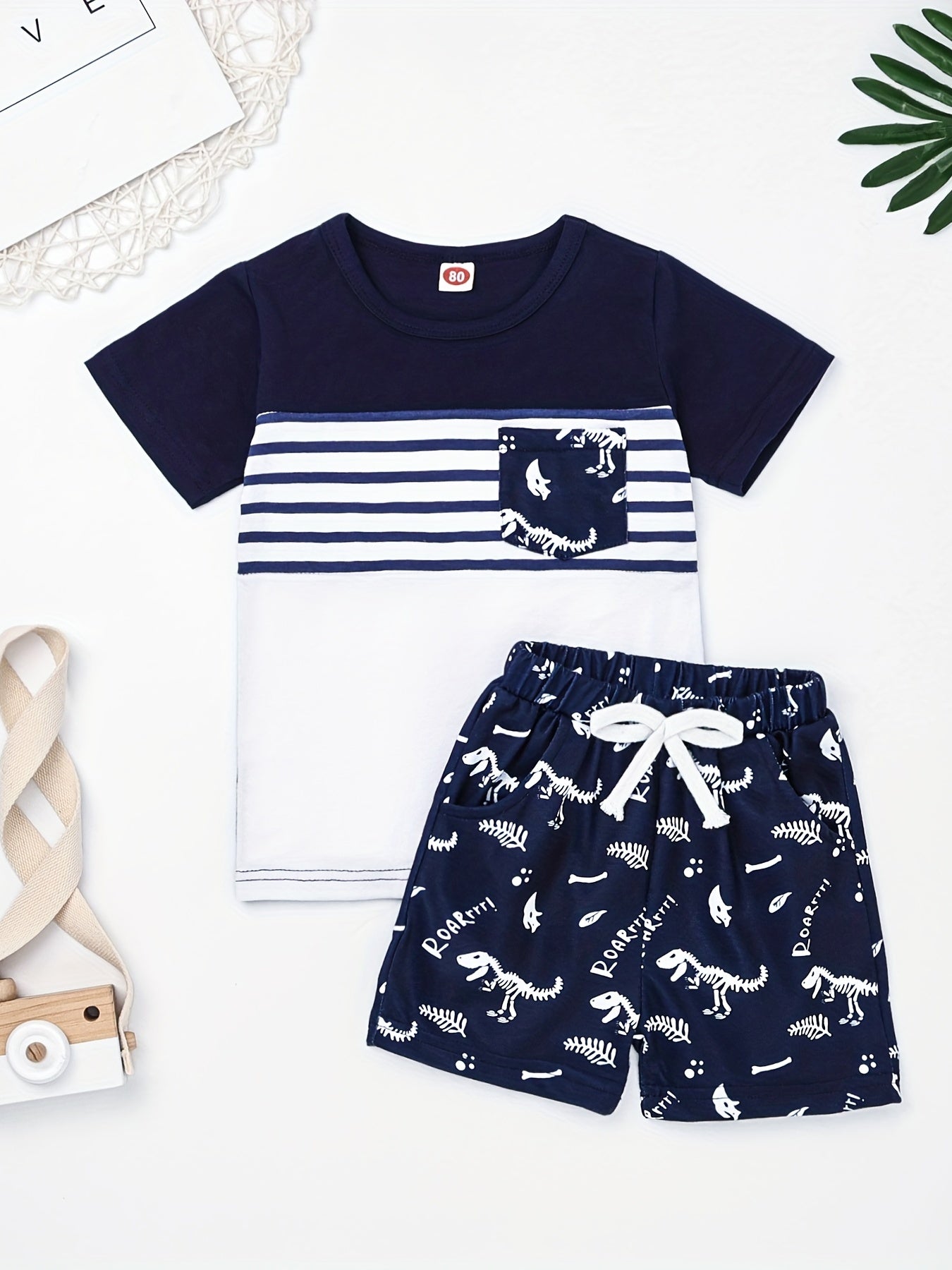 2pcs Baby Boys Dinosaur Skull T shirt & Shorts Set
