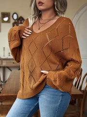 Solid Pointelle Long Sleeve V Neck Sweater