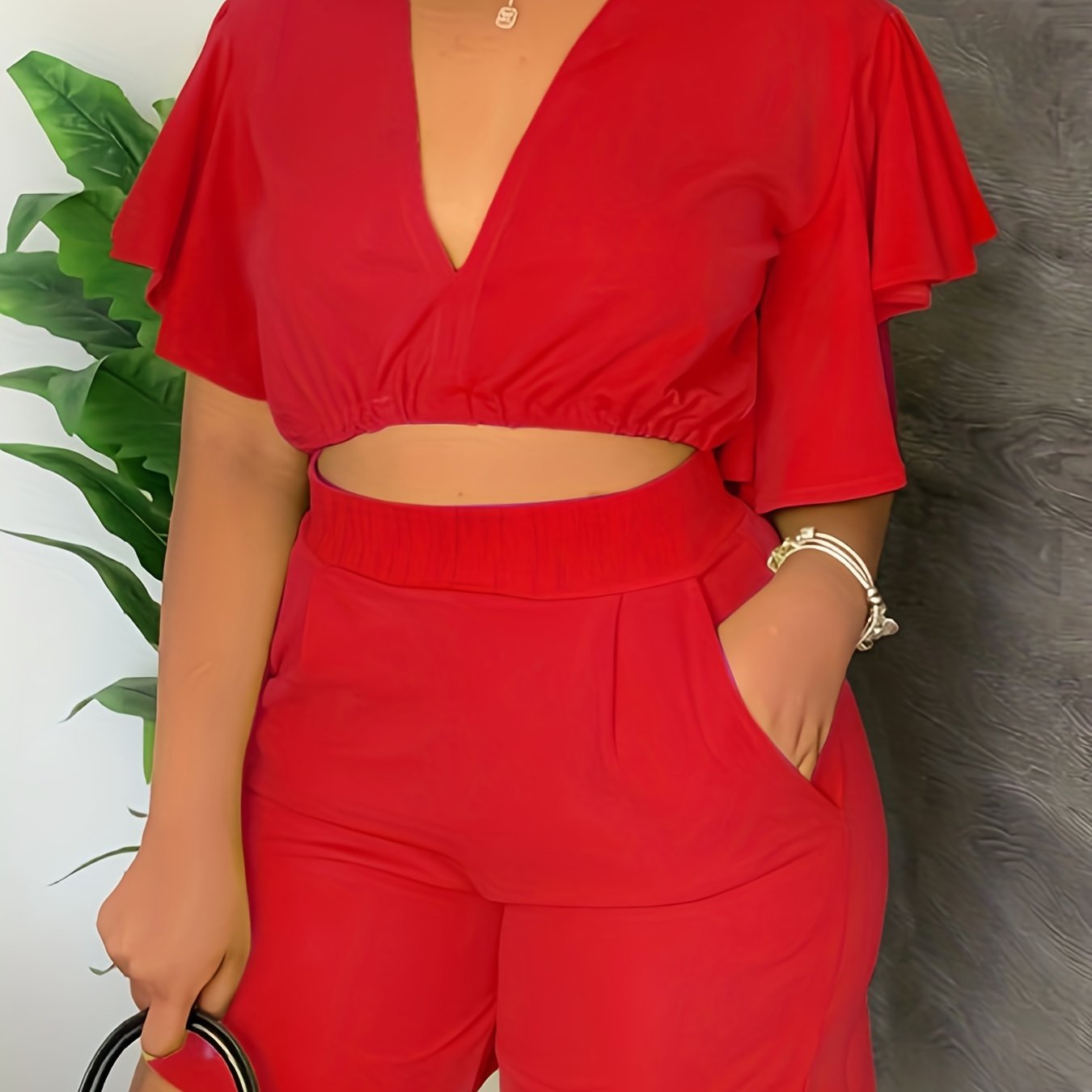 Solid Flutter Sleeve V Neck Crop Top & Shorts Set