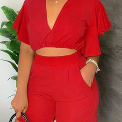 Solid Flutter Sleeve V Neck Crop Top & Shorts Set