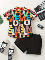 2pcs Boys Short Sleeves Shirt & Shorts Set, Summer Clothes