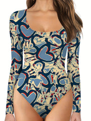 Women's Allover Print Crew Neck Bodysuit Long Sleeve