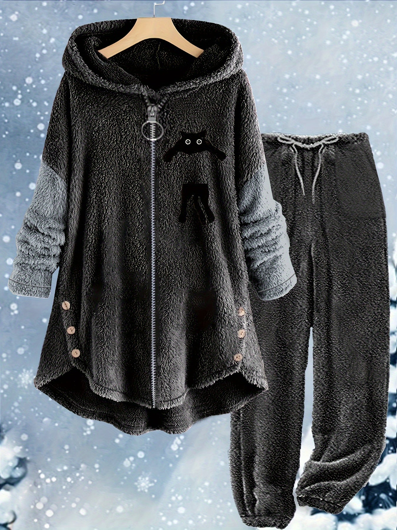 Women's Plus Cat Long Sleeve Zipper Teddy Top & Pants Set