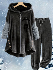 Women's Plus Cat Long Sleeve Zipper Teddy Top & Pants Set