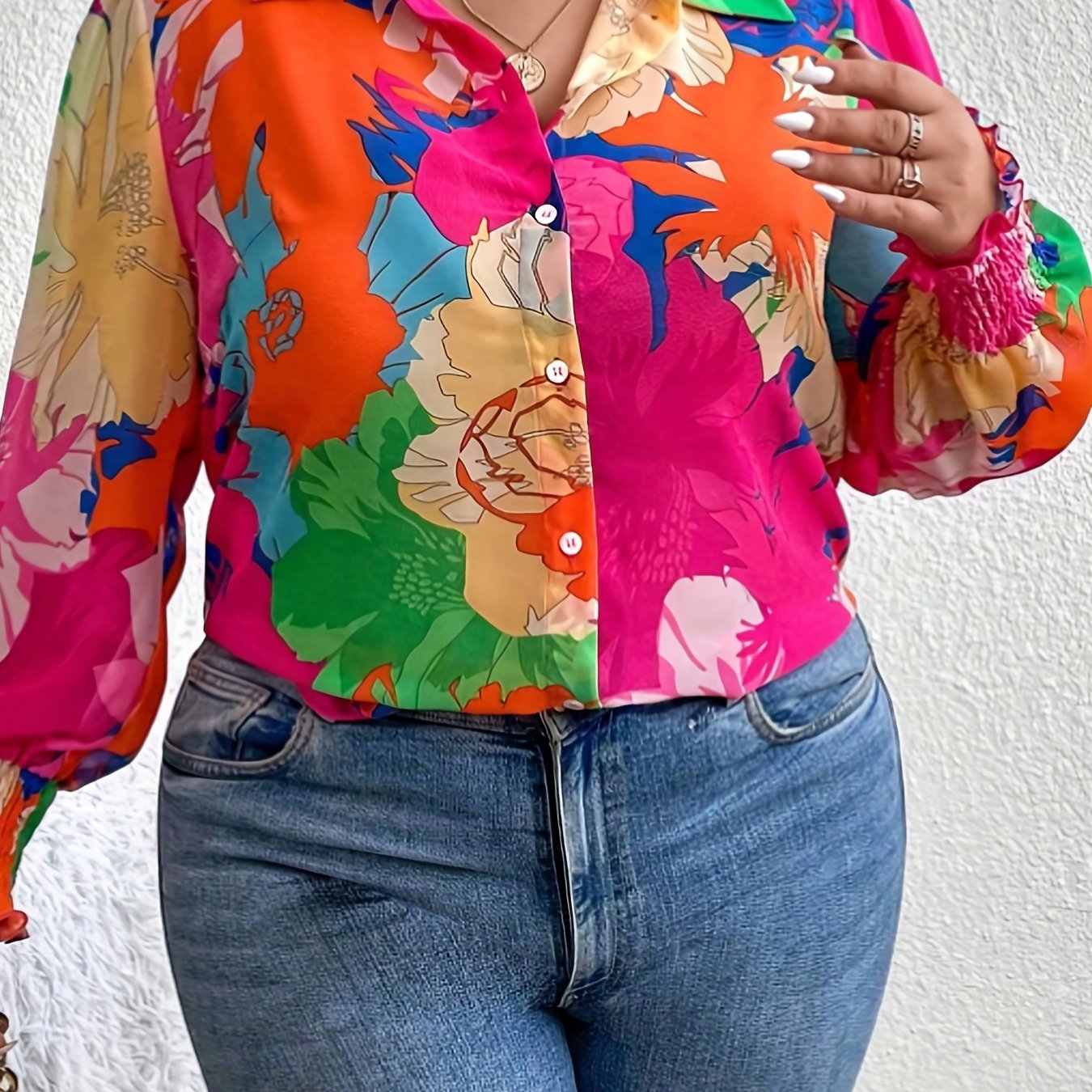 Contrast Floral Print Long Sleeve Shirt Top