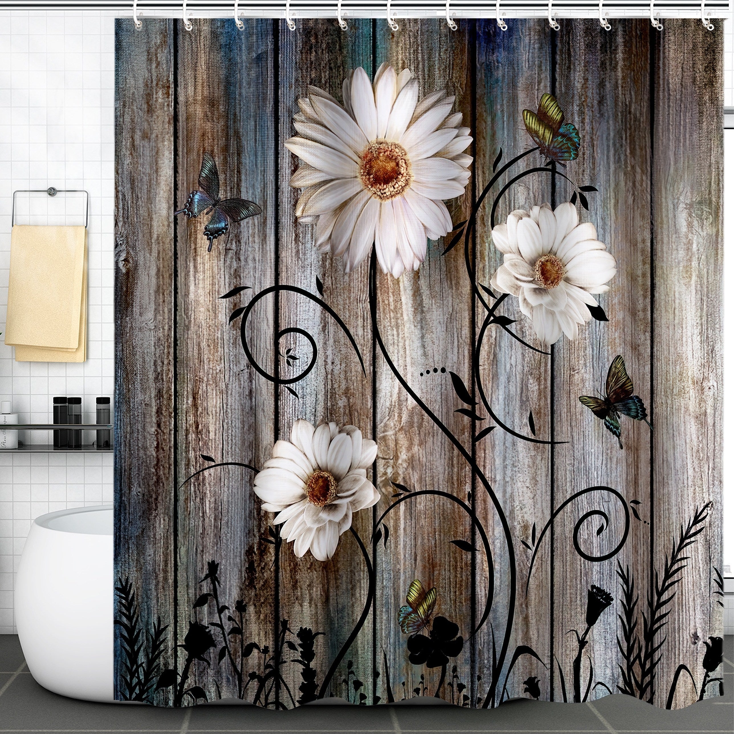 Wooden Flower Shower Curtain American Rural Style Waterproof