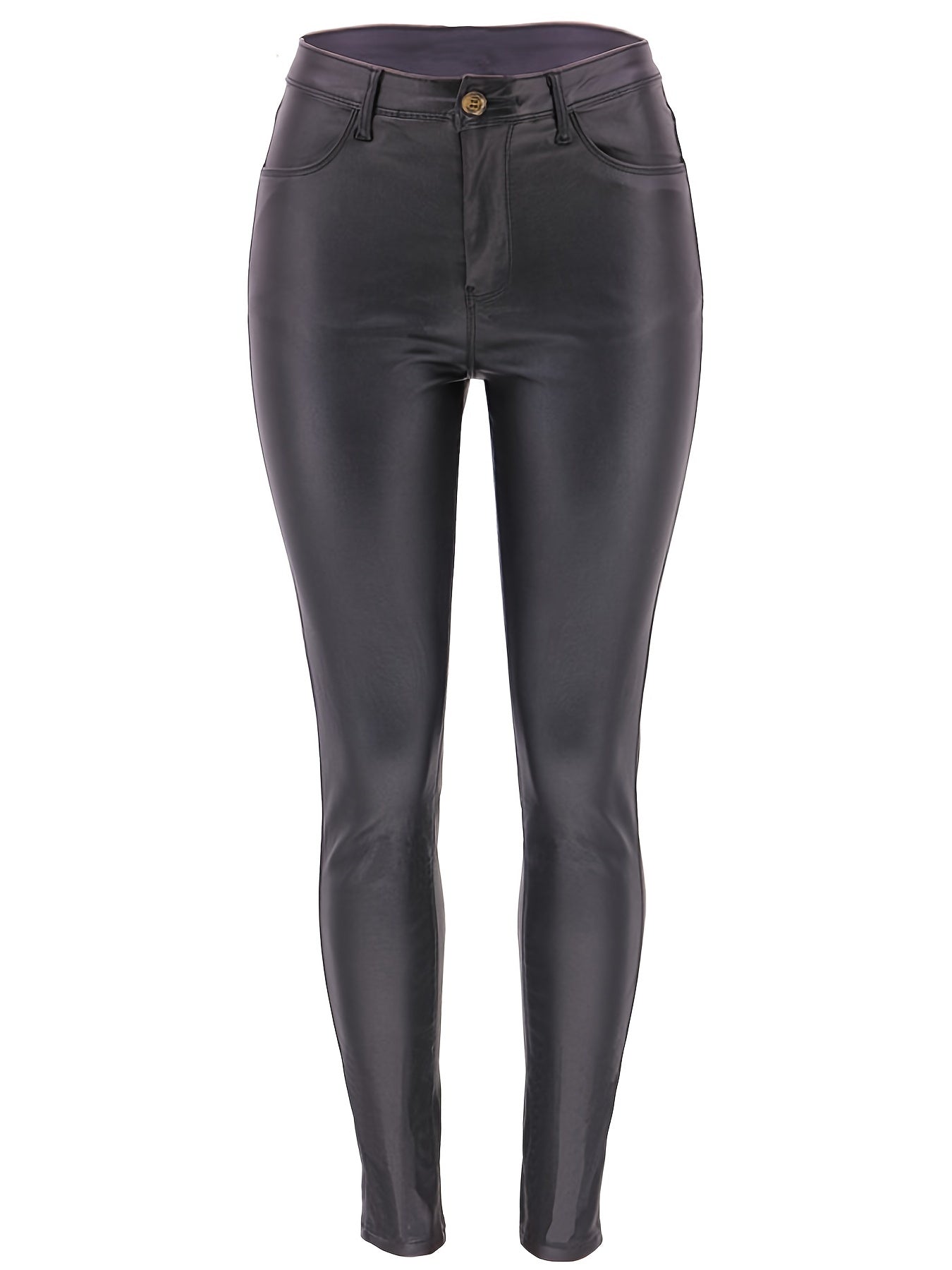 Faux Leather Look Denim Fabrics Stacked Jeans High Rise Tight Fit