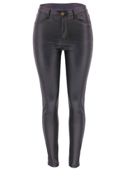 Faux Leather Look Denim Fabrics Stacked Jeans High Rise Tight Fit