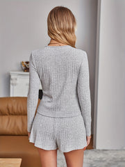 Ribbed Two piece Set Button Front Long Sleeve Top & Drawstring Shorts