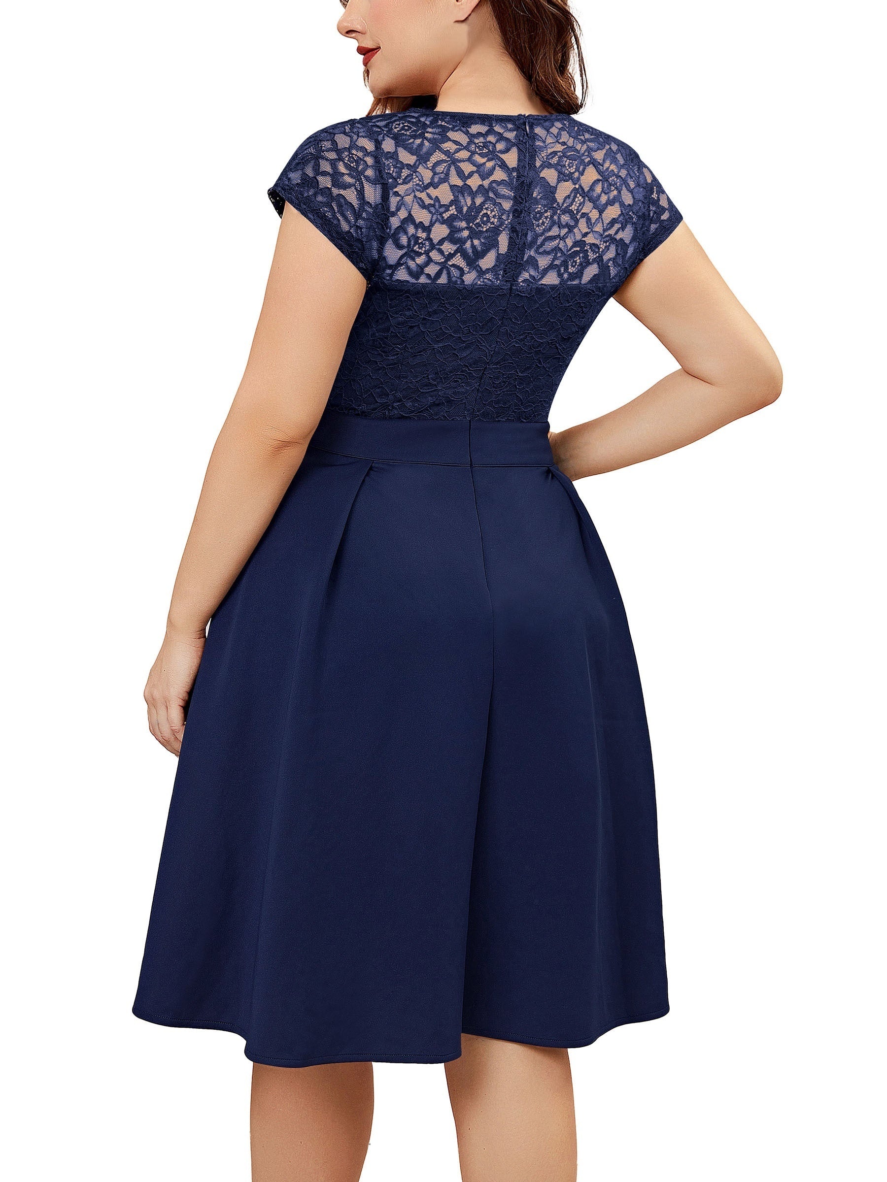 Contrast Lace Cap Sleeve V Neck A Line Dress