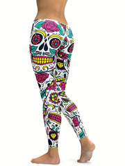 Flower & Halloween Skull Print Yoga Pants High Stretch Leggings for Women