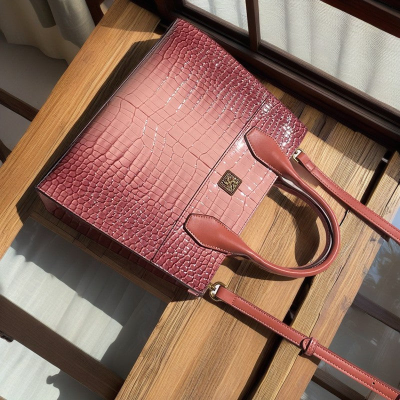 Vintage Pink Crocodile Pattern Handbag with Removable Strap