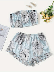 Heart Print Pajama Set Strapless Tube Top & Ruffle Shorts
