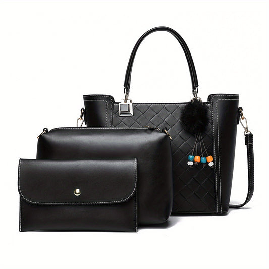 3pcs Tote Bag Inner Bag Clutch Purse Set PU Leather Textured Satchel Bag