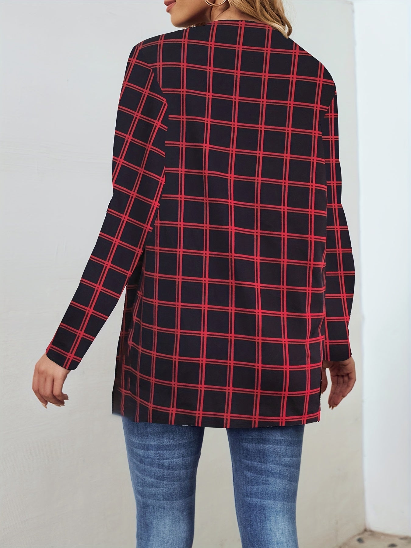 Plaid Crew Neck Jacket Casual Open Front Long Sleeve Jacket