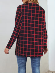 Plaid Crew Neck Jacket Casual Open Front Long Sleeve Jacket
