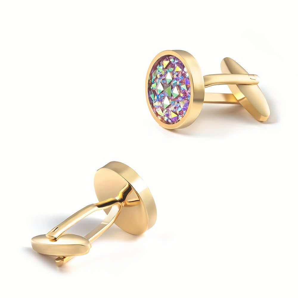 Gold Rhinestone French Cufflinks - Round Cuff Studs