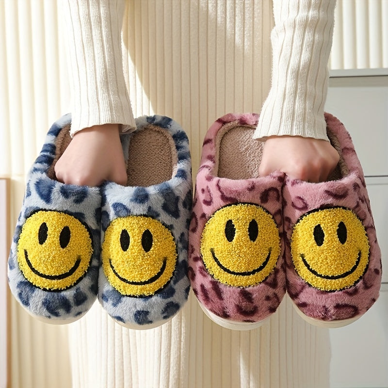 Women's Smile Face Pattern Slippers Leopard Print Plush Lined Slip On Flat Shoes