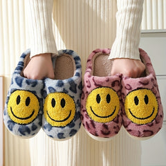 Women's Smile Face Pattern Slippers Leopard Print Plush Lined Slip On Flat Shoes