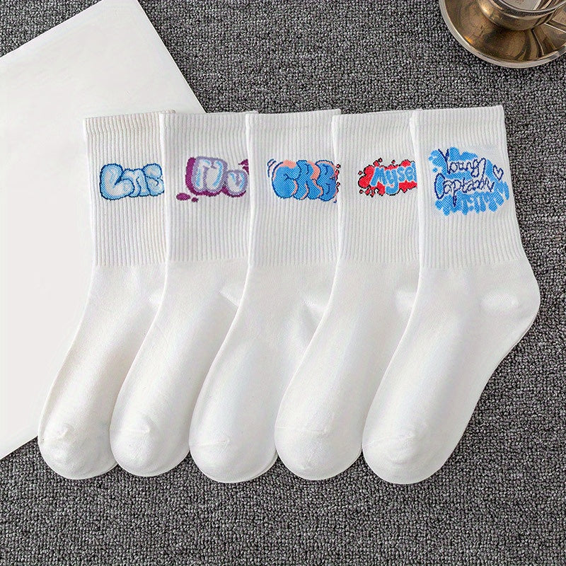 5 Pairs Letter Graffiti Socks Sports Socks Women's Stockings & Hosiery