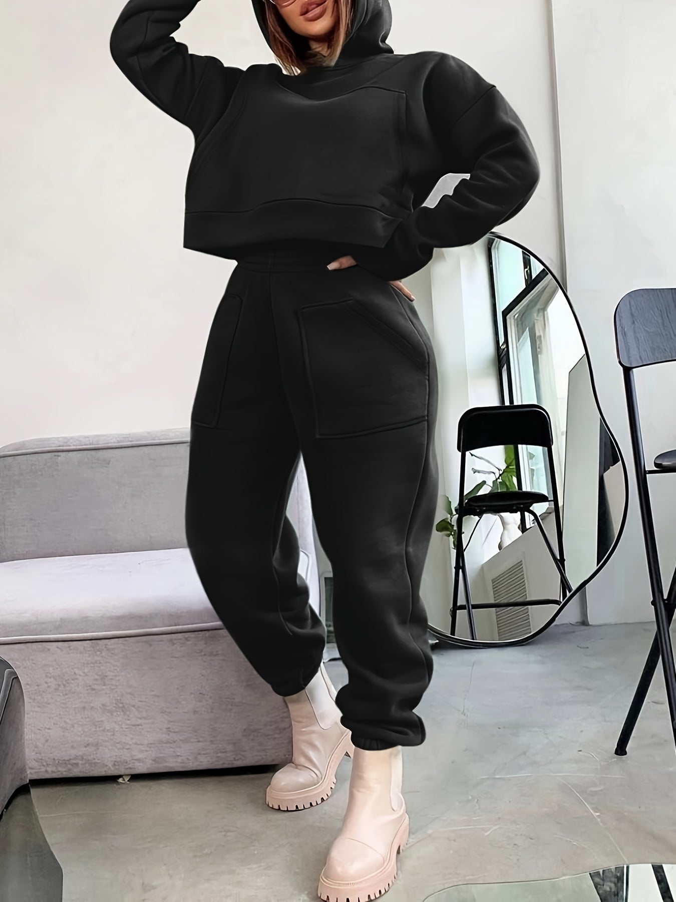Solid Long Sleeve Crop Hoodie & Joggers Outfit Set