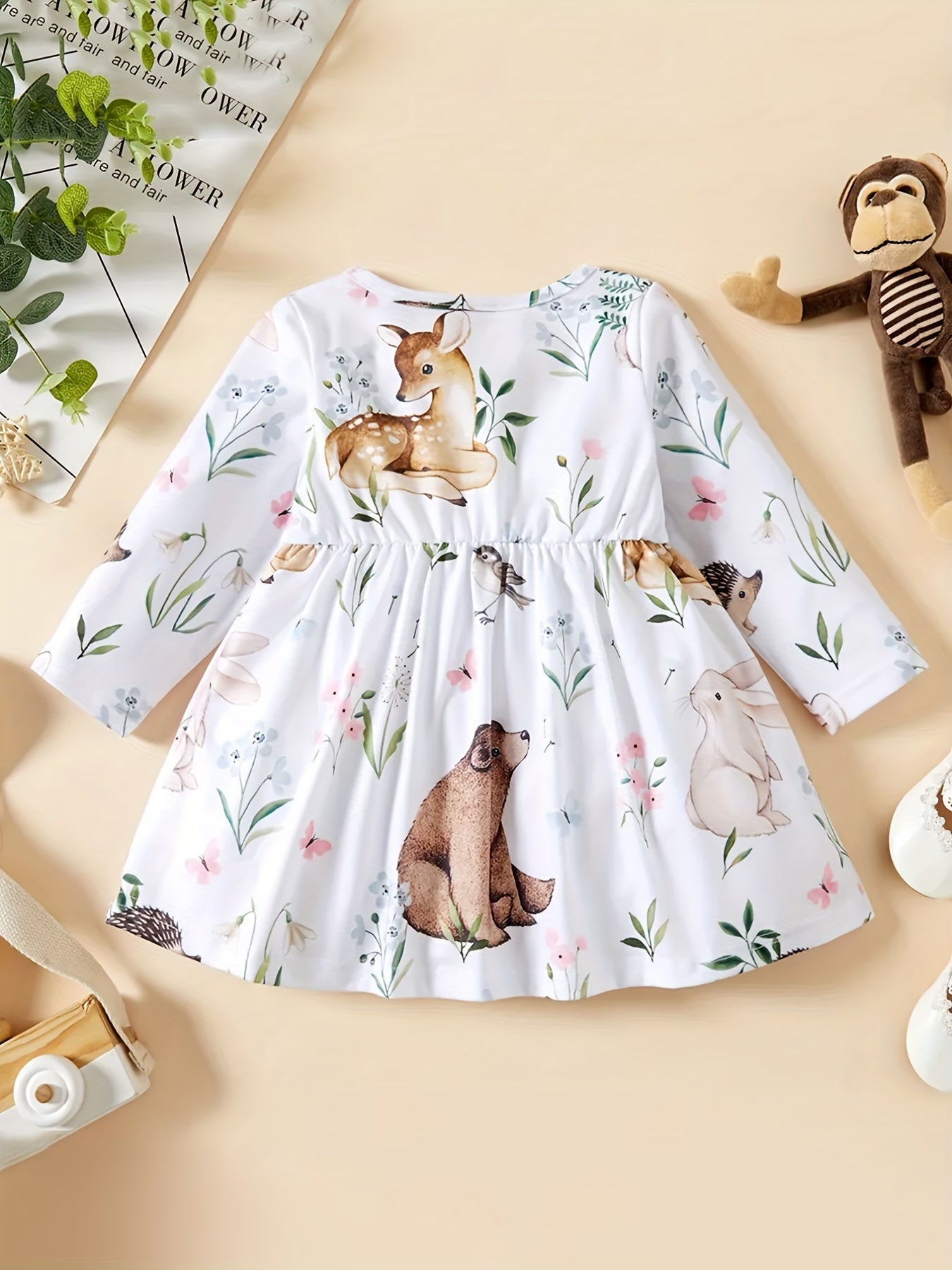 Baby Girl's Animal Print Dress Pleated Long Sleeve Dress